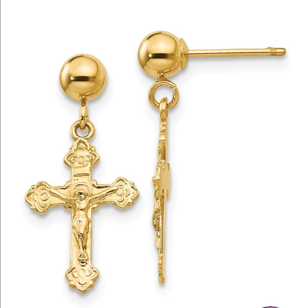 14k Crucifix Cross Post Stud Earrings Drop Dangle
